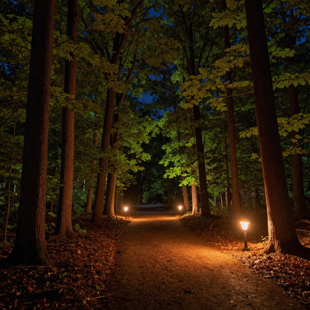 Lit forest path at dusk with tall trees and warm lanterns lining the trail