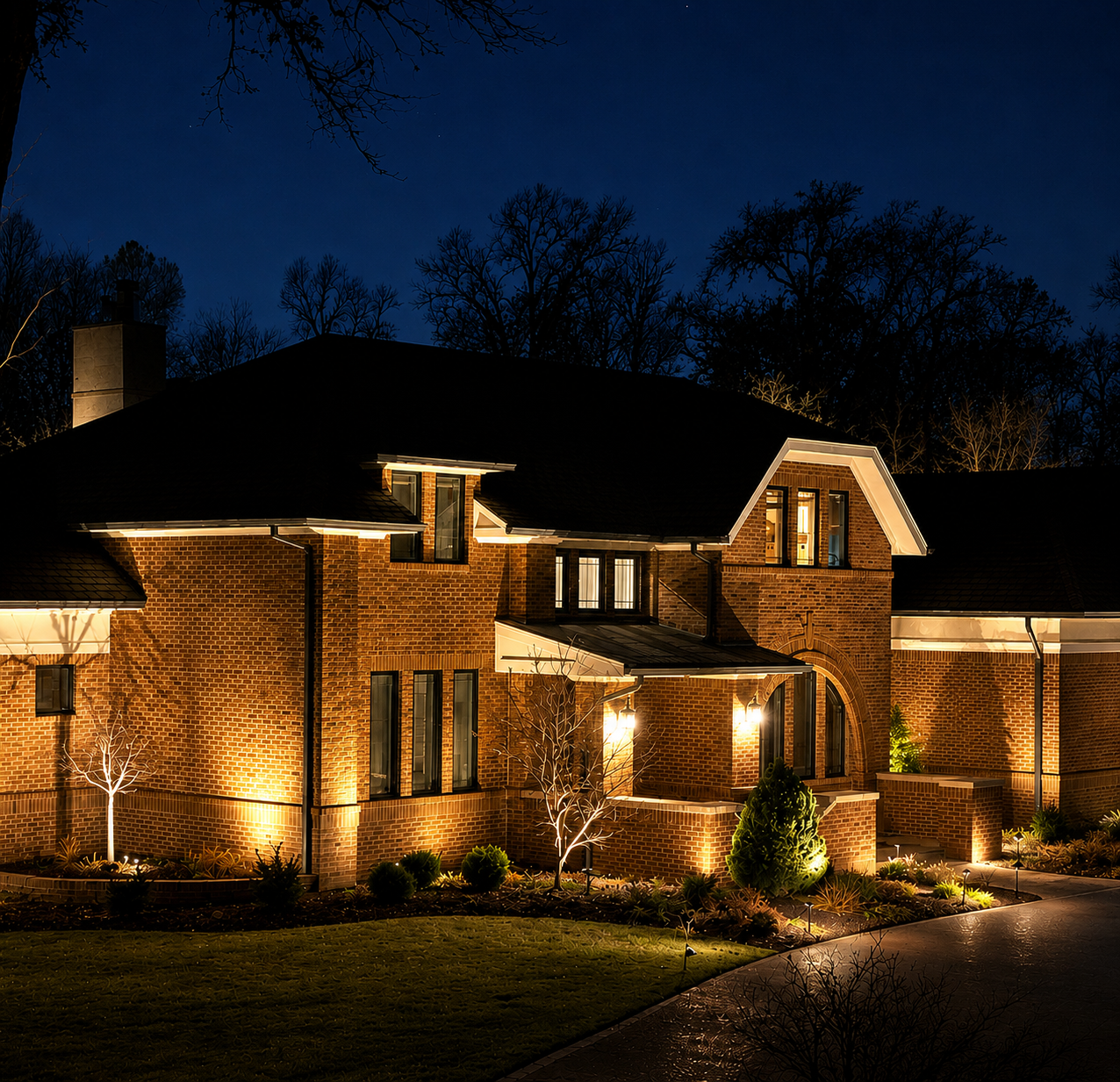 Warmly lit brick house at night with landscape lighting and dark trees in the background