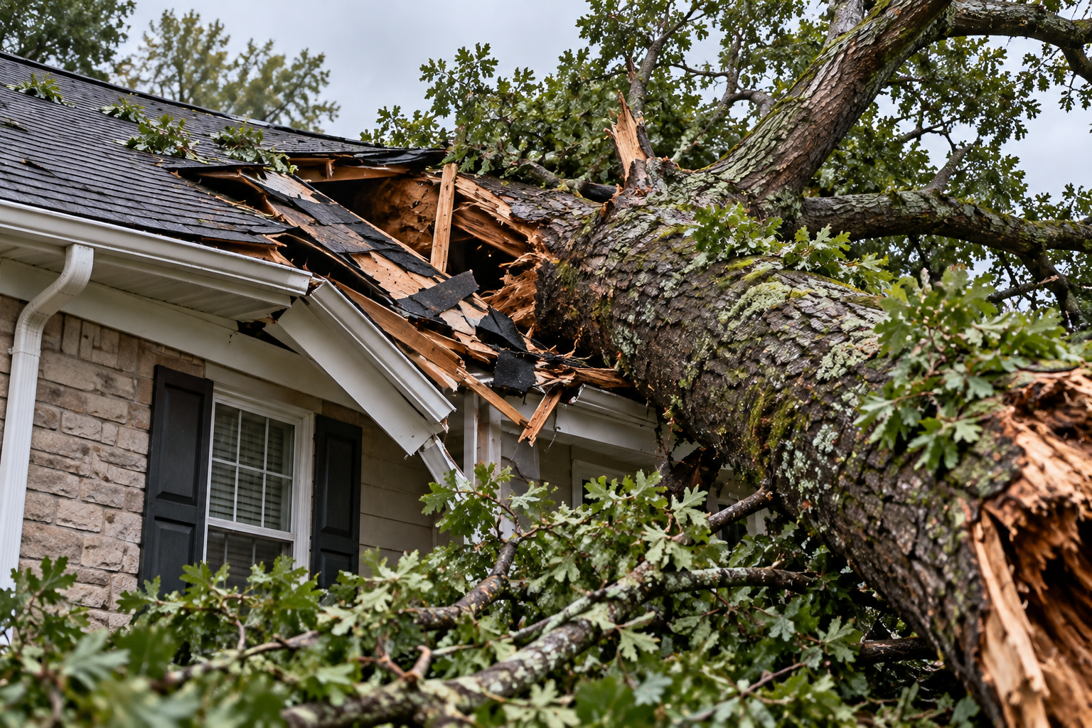 Large fallen tree crushing a house roof, with broken shingles and branches over the eaves