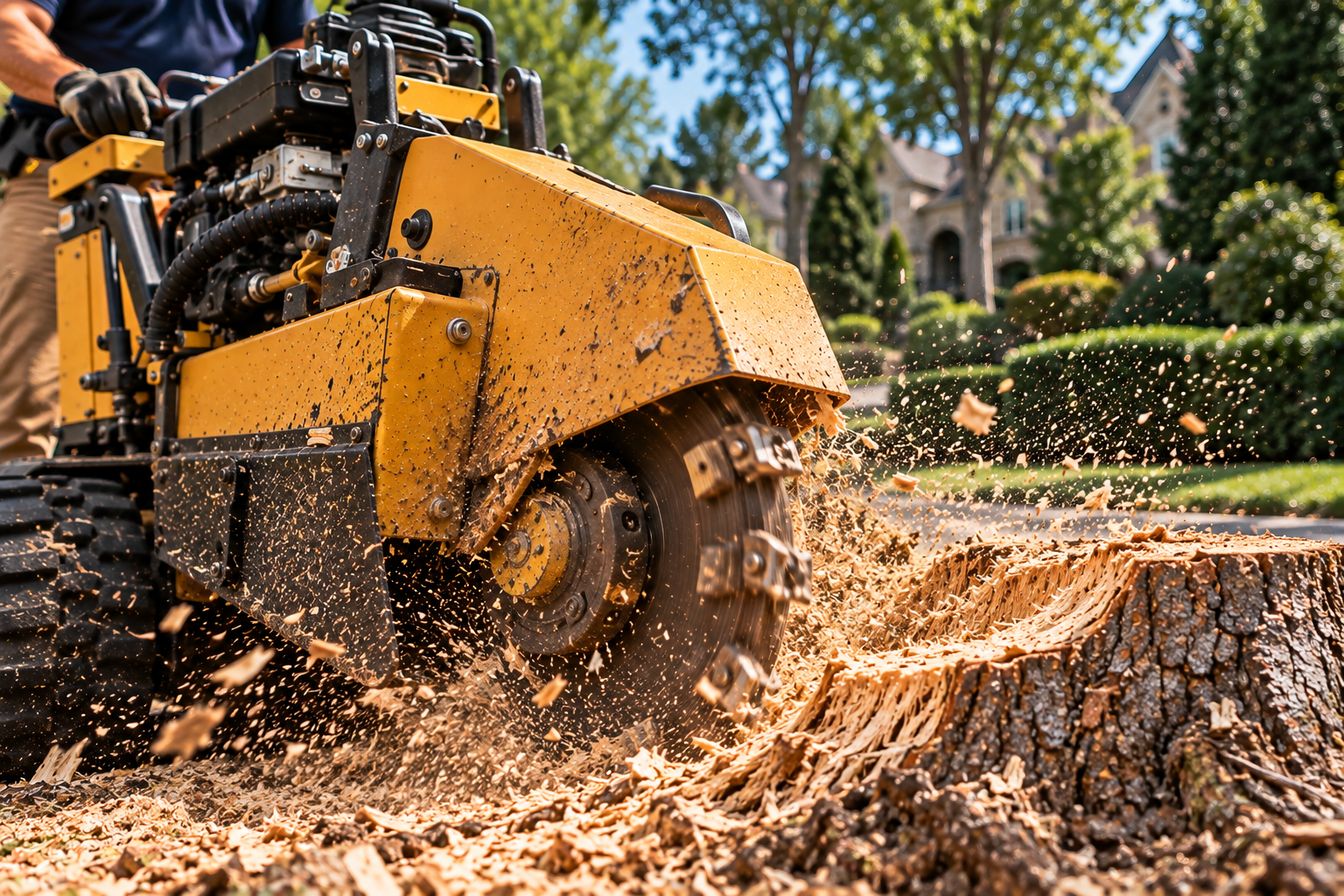 Yellow skid steer cutting into a tree stump, spraying wood chips in a suburban yard