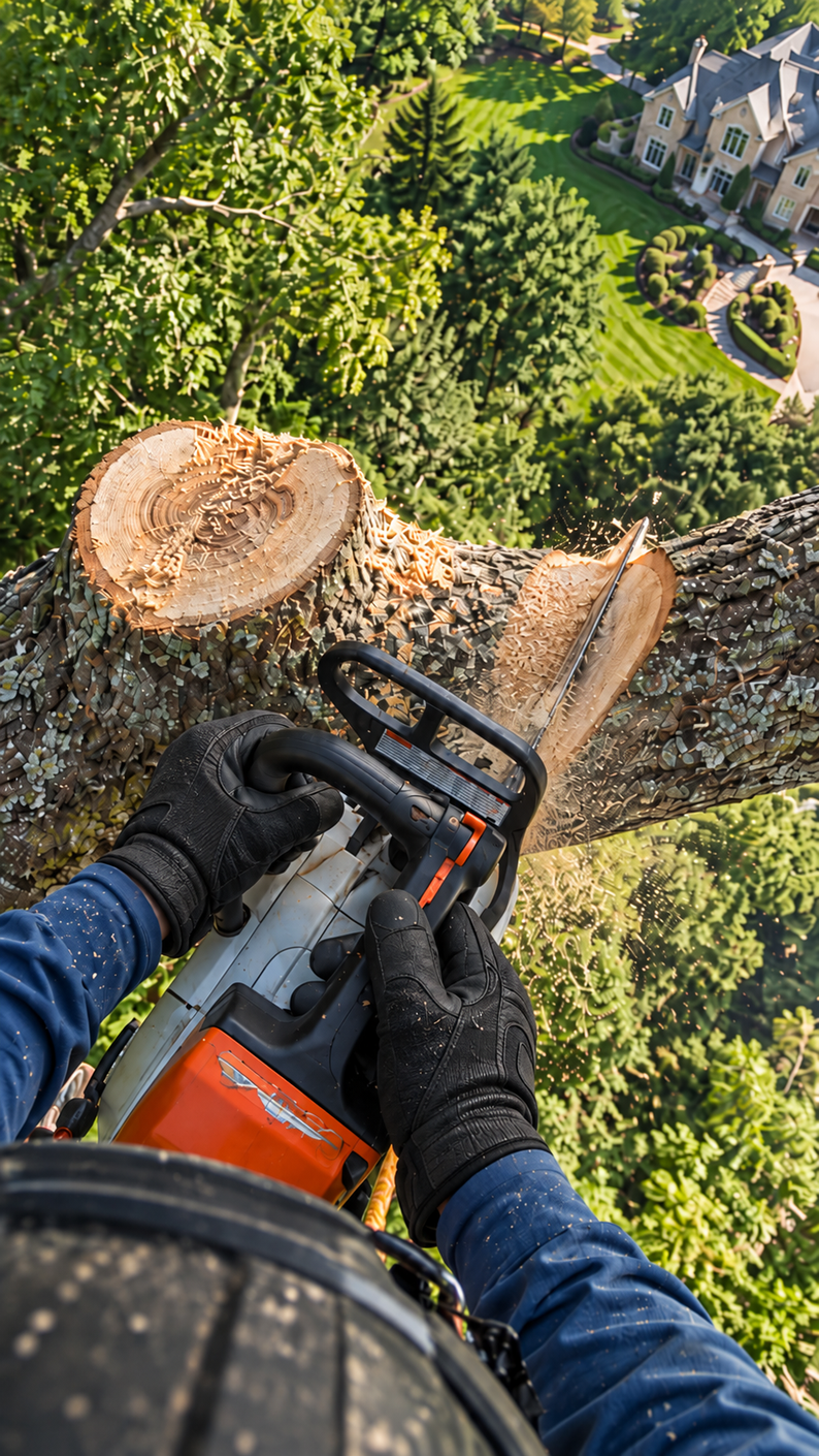 Chainsaw cutting a large tree trunk high above a suburban yard, view from the climber’s perspective.