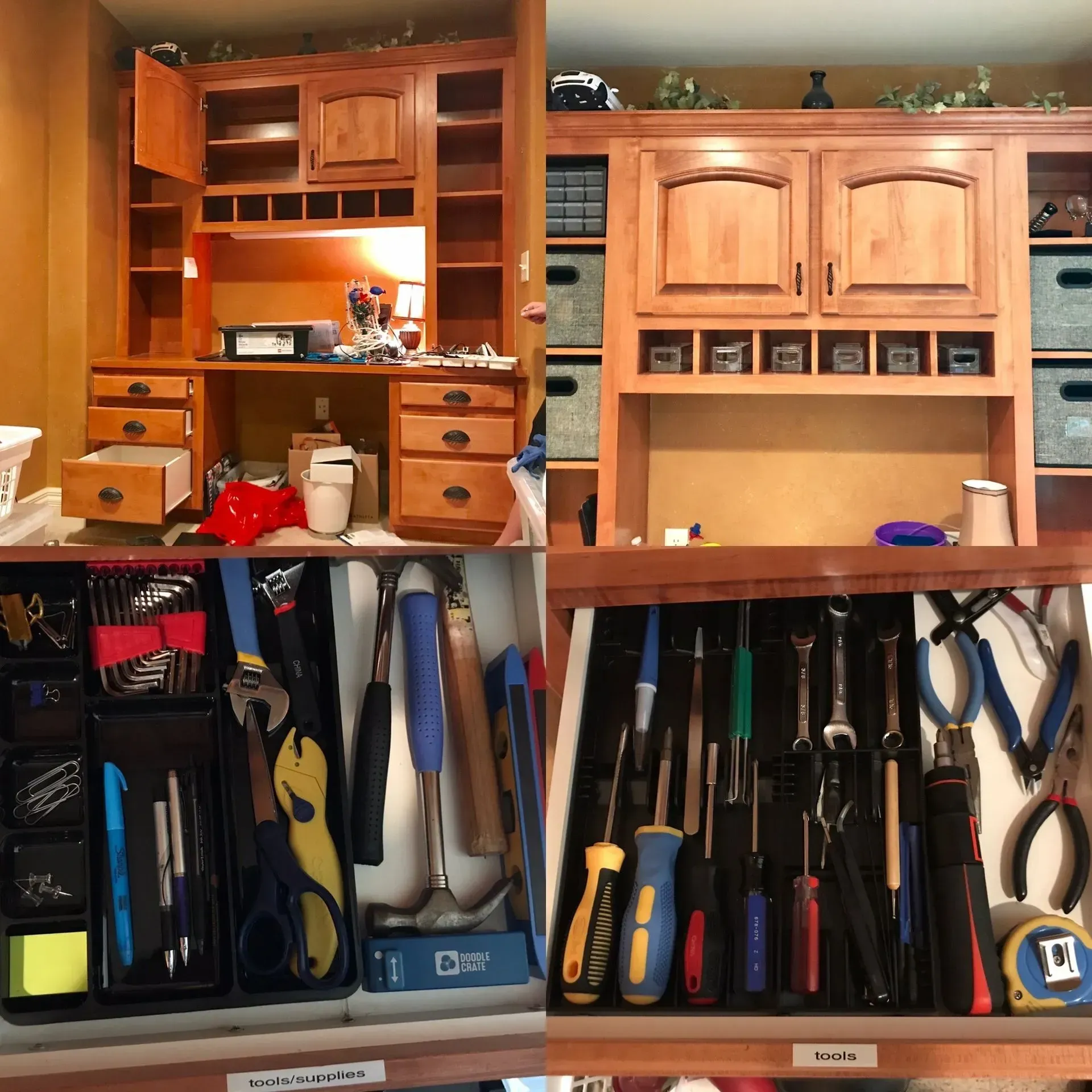 Wooden home organization cabinet with drawers, shelves, and hanging tools, neatly arranged in a workshop.