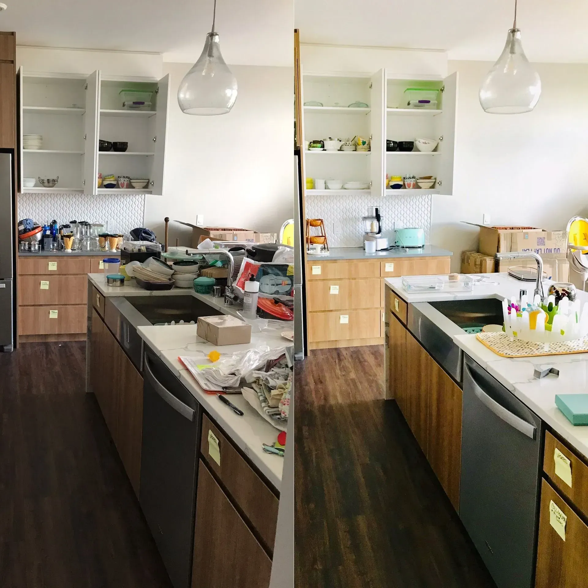 Side-by-side kitchen counter before-and-after cleanup, showing a cluttered workspace and a tidy white countertop.