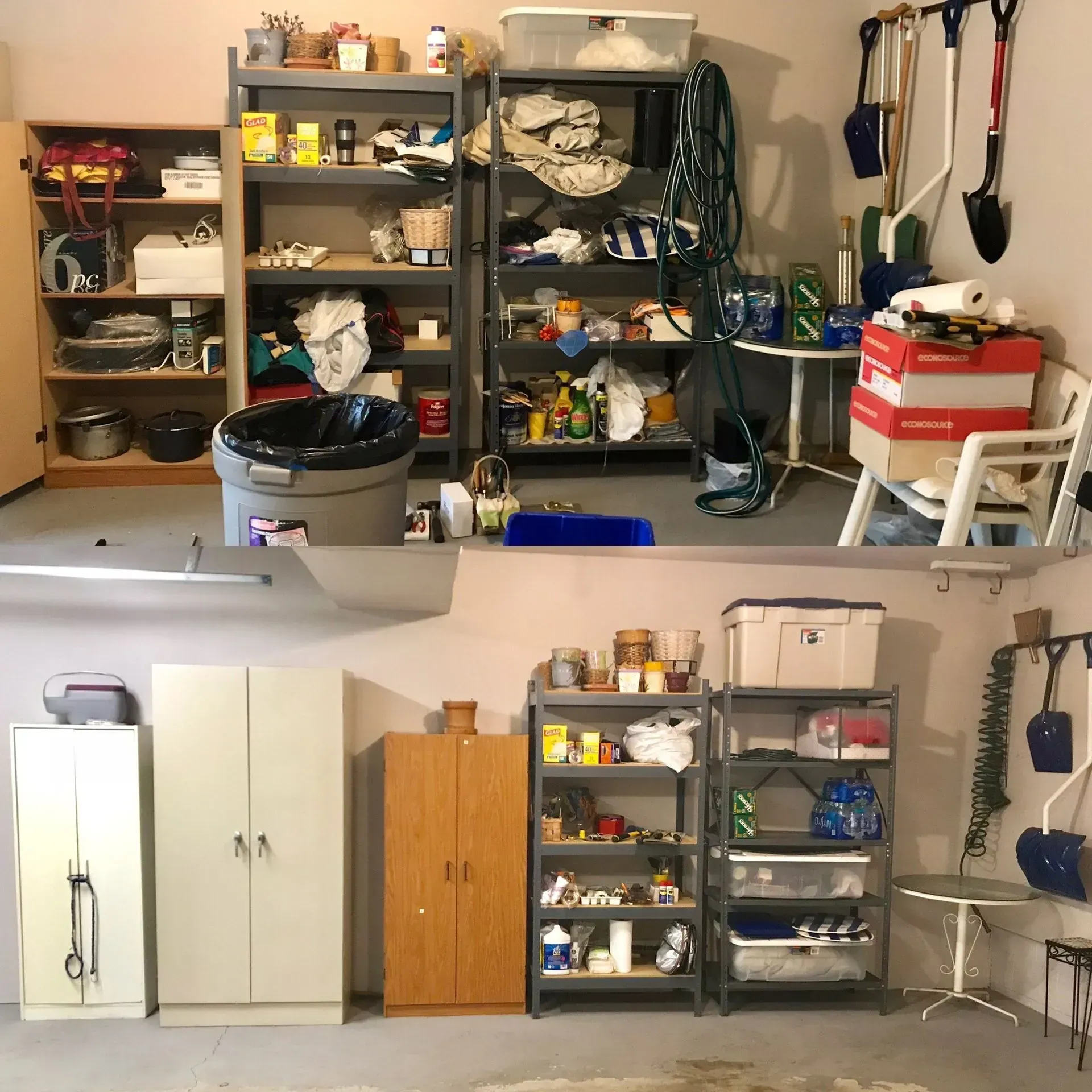 Two garage storage setups, cluttered shelves, cabinets, tools, and household items