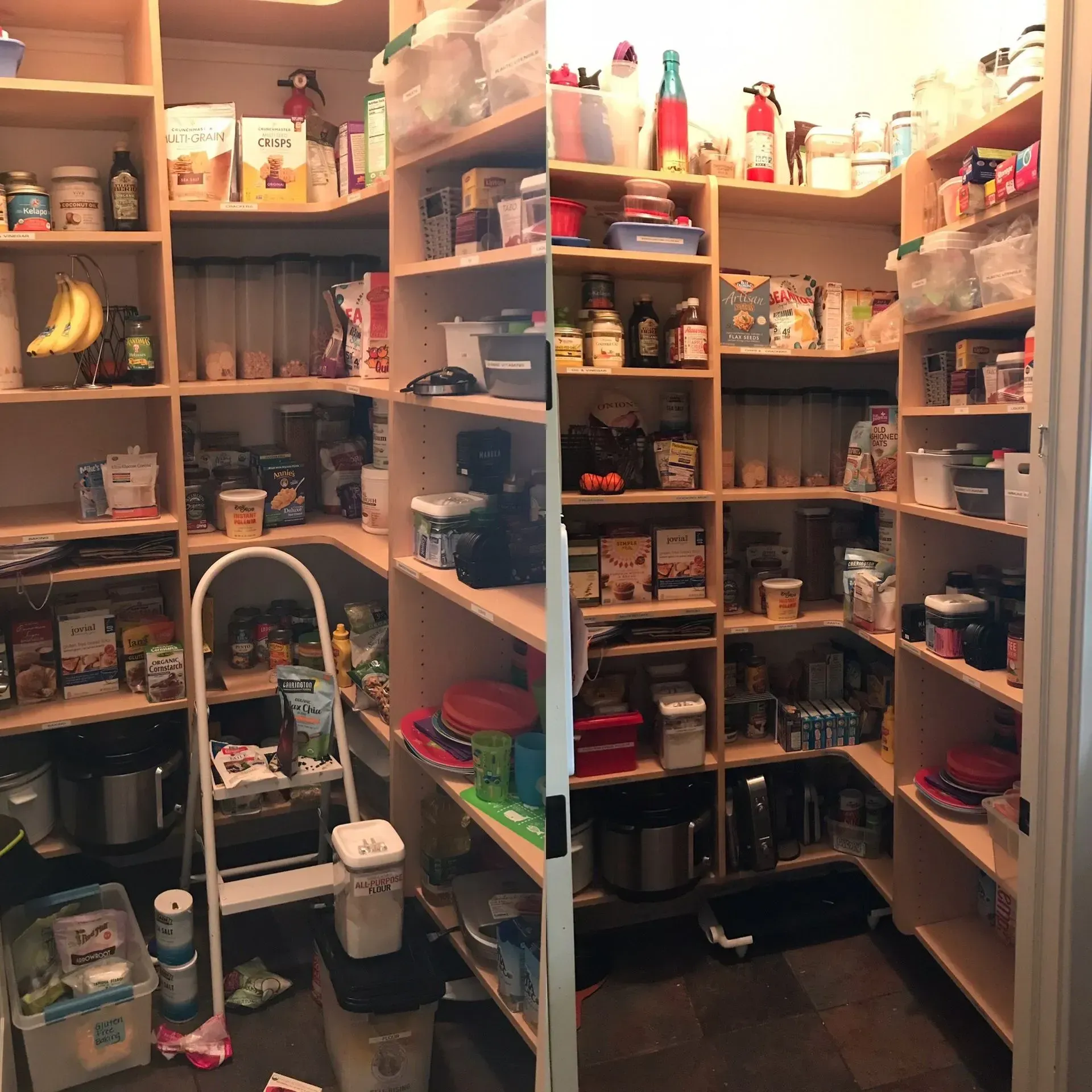 A cluttered pantry with shelves packed with jars, cans, boxes, and kitchen supplies.