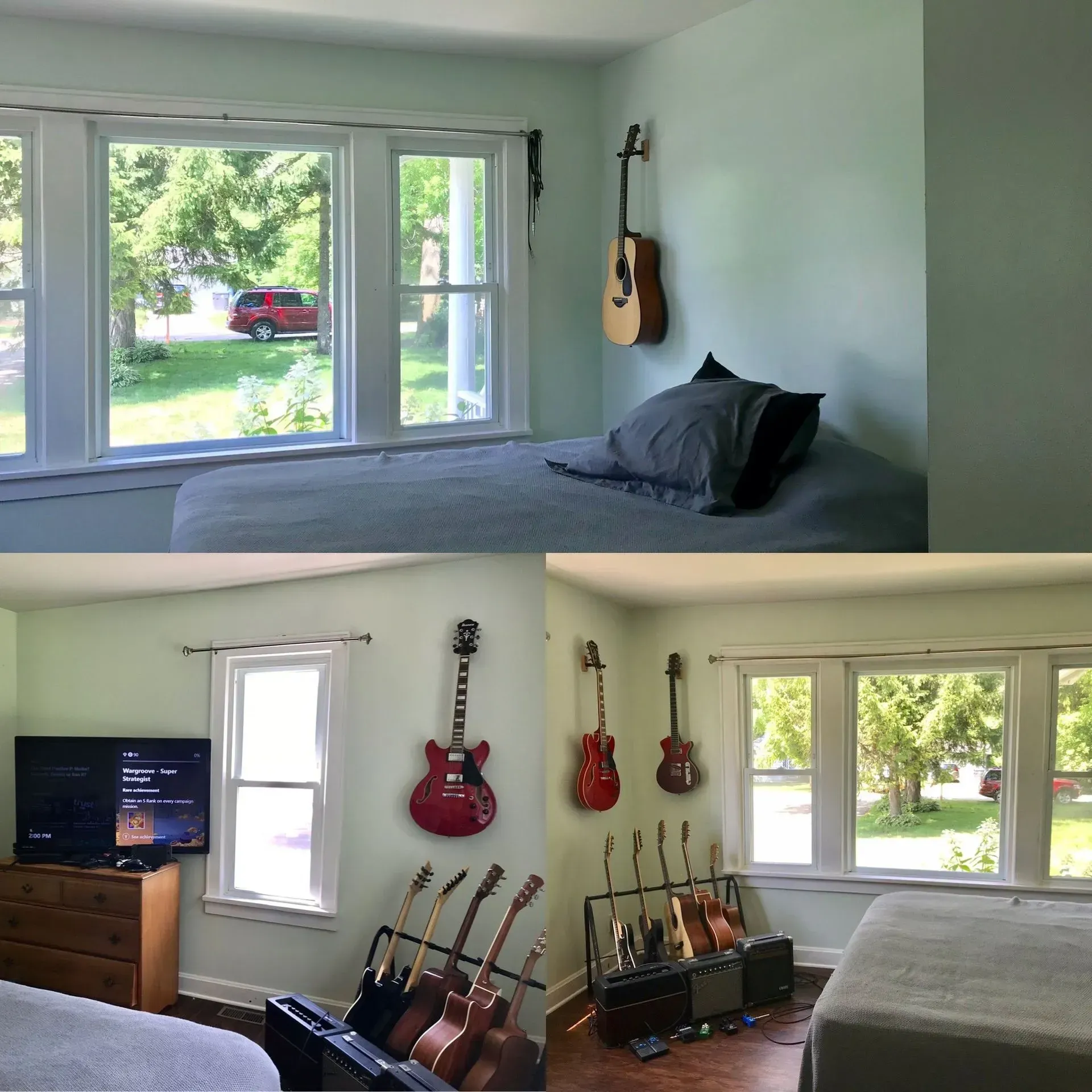Bright bedroom with a daybed, guitar on the wall, and several guitars displayed by windows.