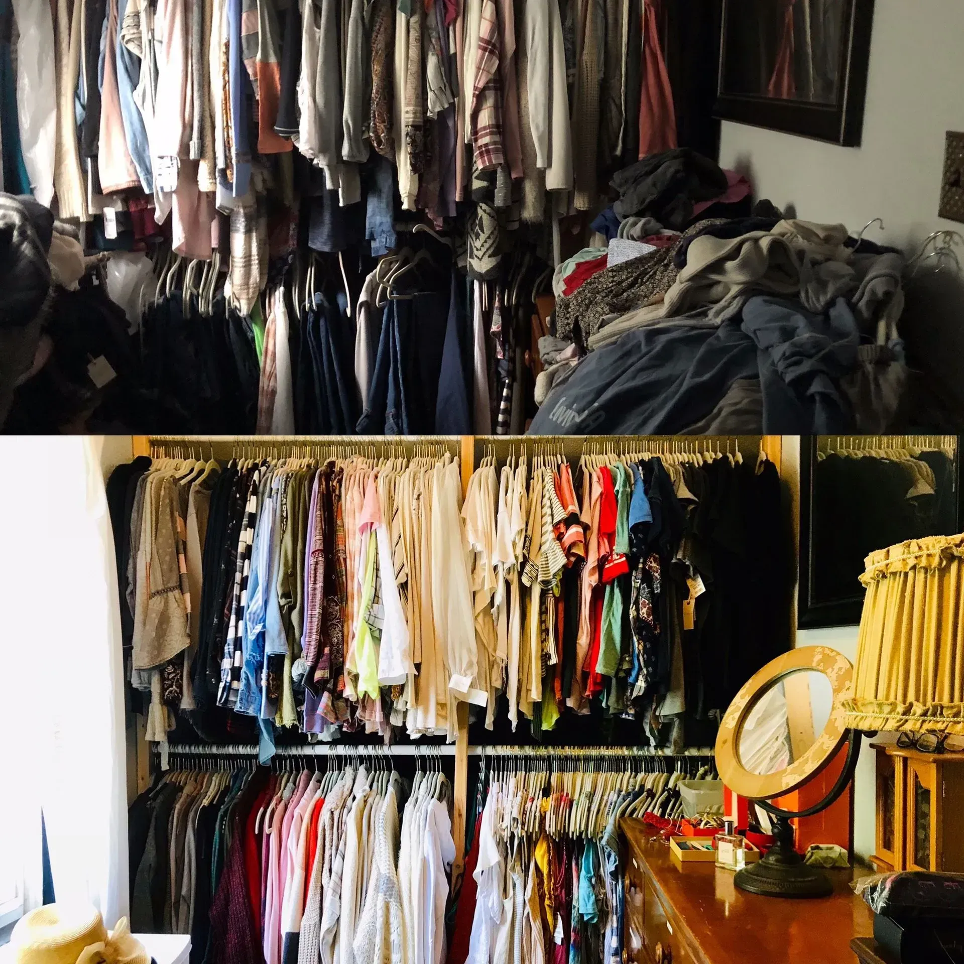 Clothing racks packed with colorful garments in a boutique or closet space, with folded clothes on the side.