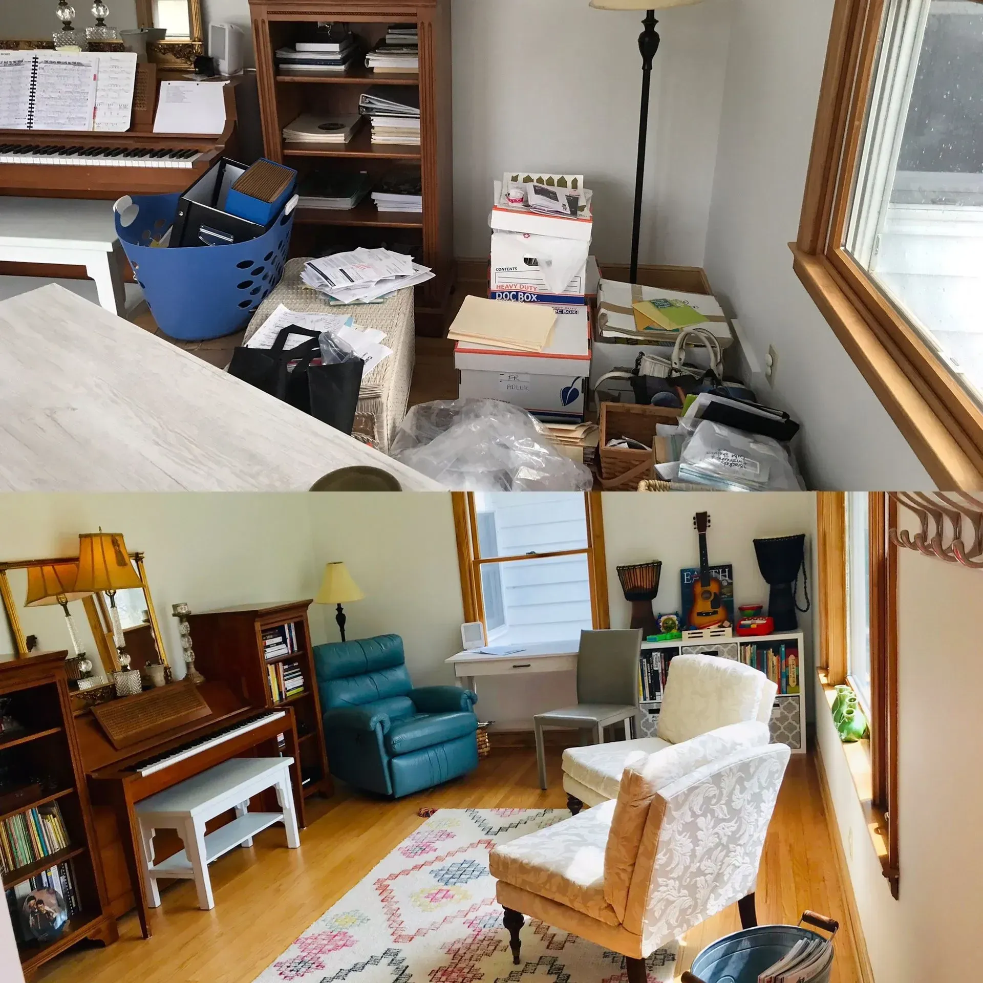 Cluttered living room with furniture, boxes, and a teal chair beside a bright window.