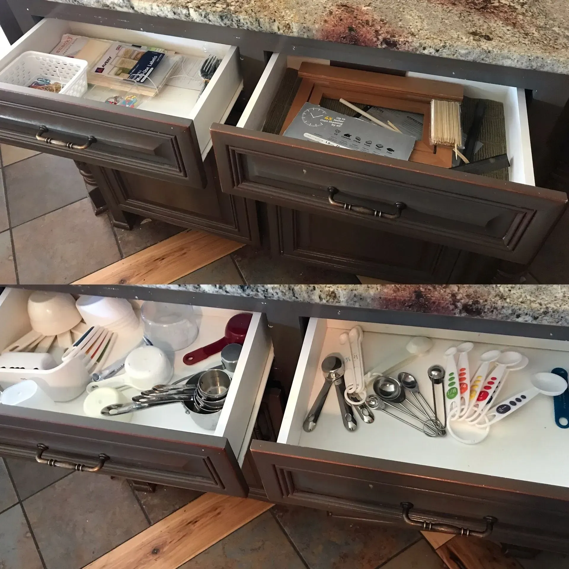 Open bathroom drawers showing organized toiletries, makeup, and grooming items.