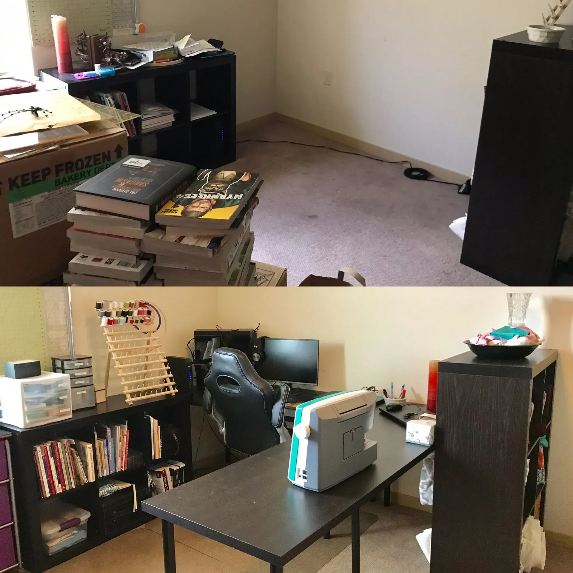 Small office with a desk, bookshelf, computer, chair, printer, and moving boxes in a beige room.