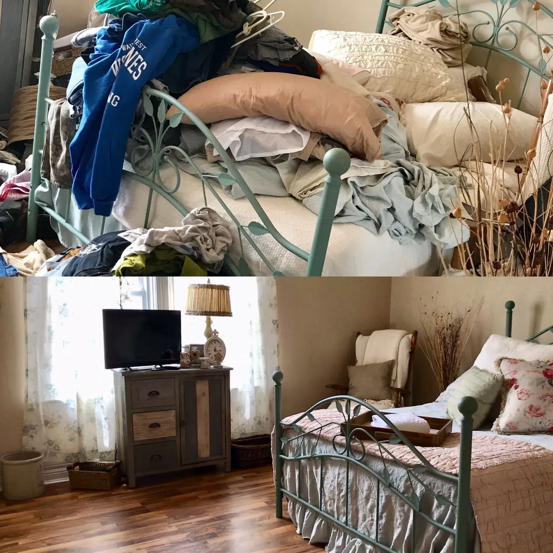 Cluttered bedroom with an unmade bed, stacked pillows, dresser, TV, and lamp on wooden floors.