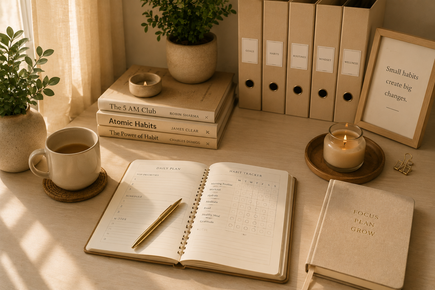 Handwritten health habit notes on white paper: “Don’t let your mind bully your body,” “Healthy habits,” “Eat less sugar.”