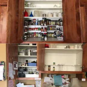 Open pantry cabinets filled with jars, cans, and kitchen supplies.