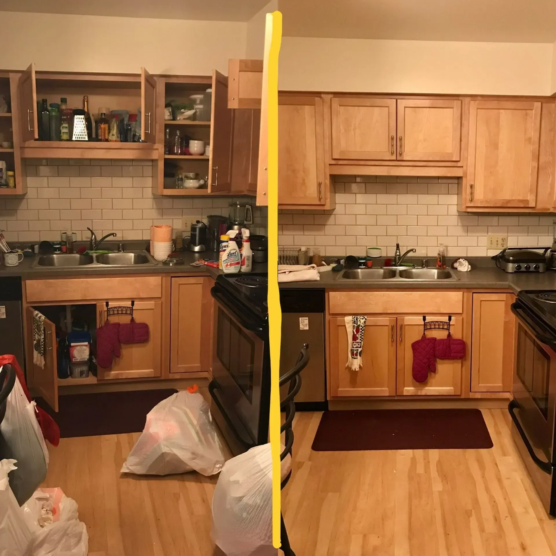 Split-screen kitchen before-and-after with clutter removed, showing a tidier wooden kitchen.