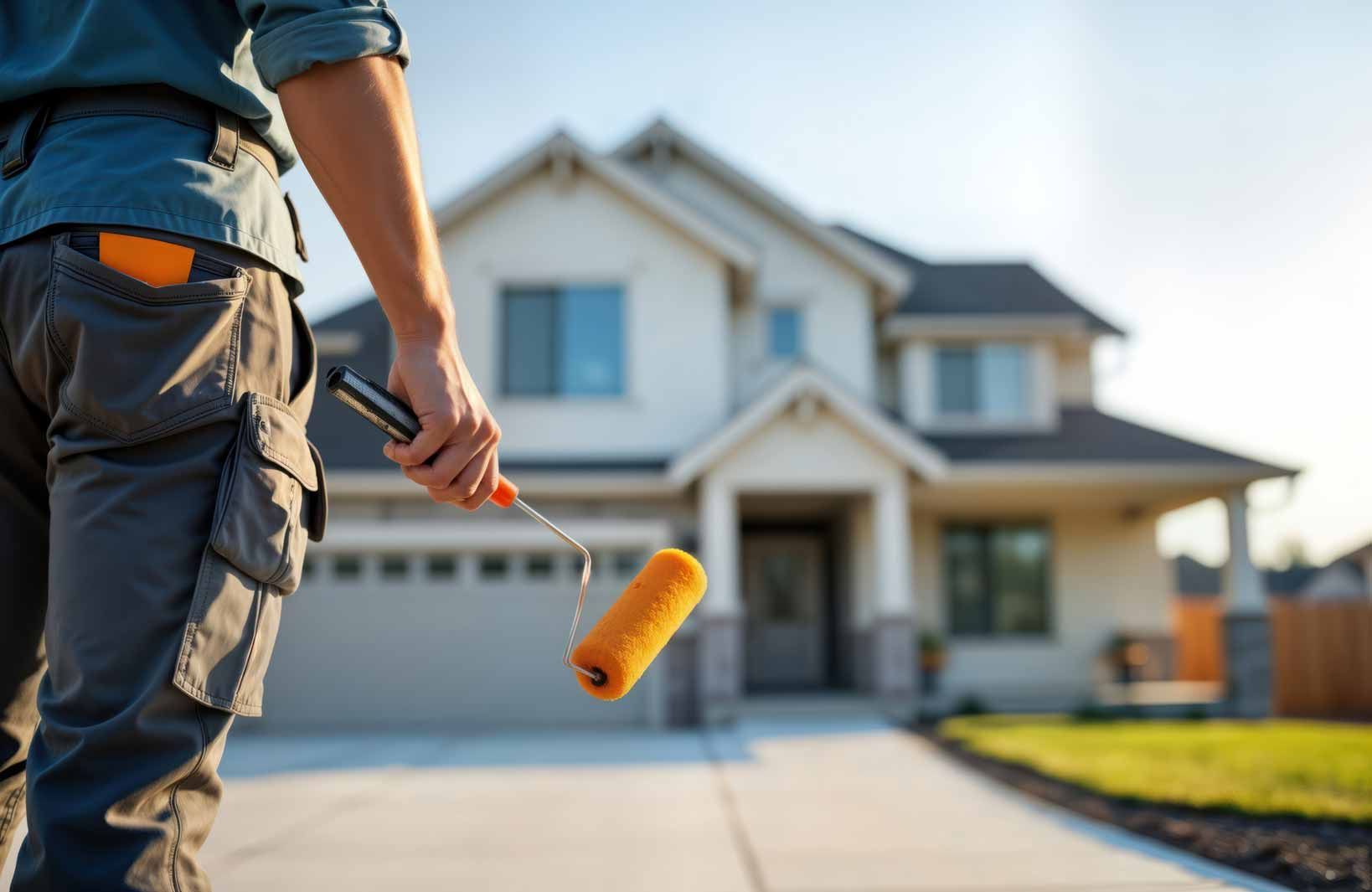 Exterior painter holding a paint roller in front of a residential home on a clear sunny day
