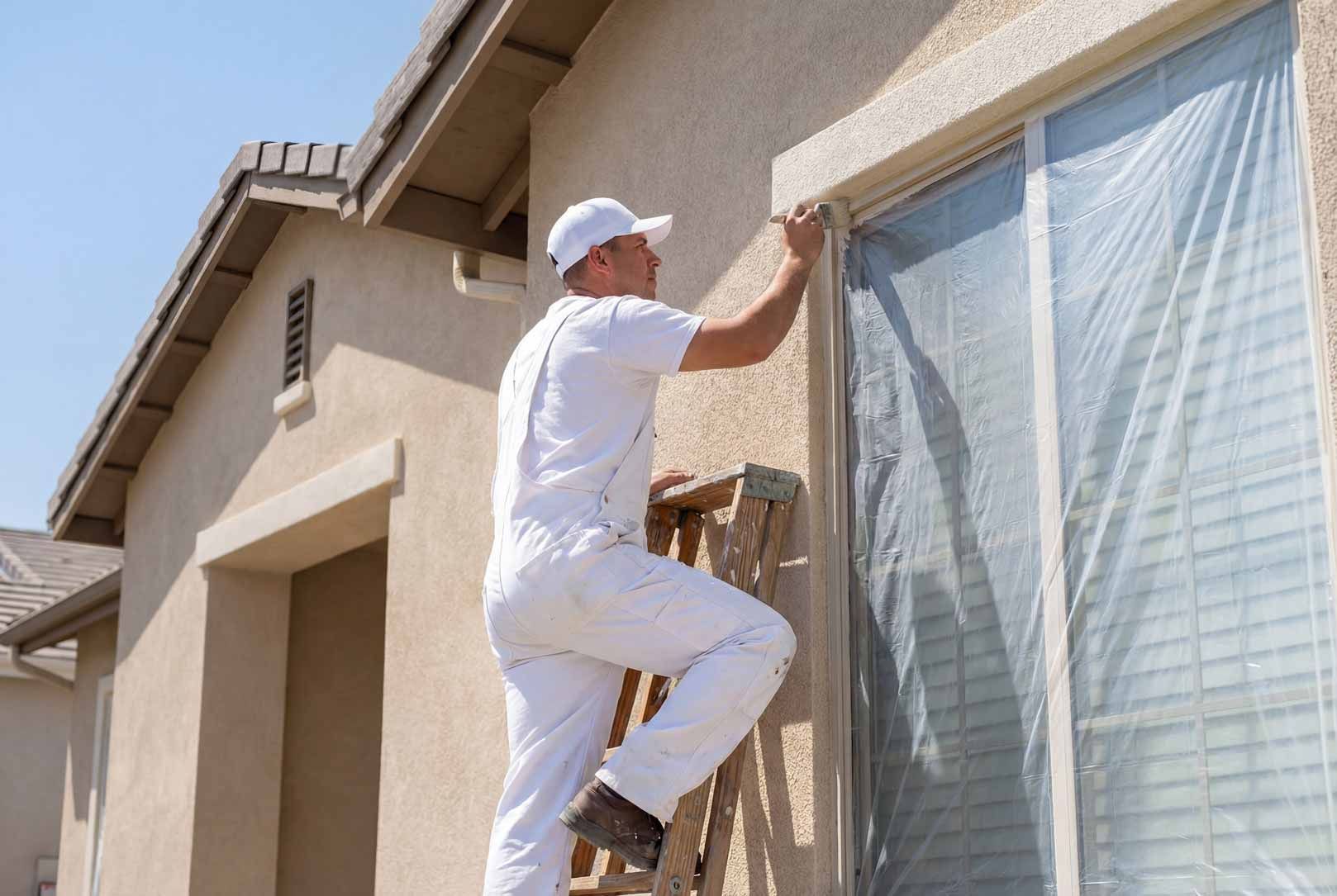 Residential painter in white uniform on a ladder applying paint to the exterior of a home with windows masked for protection Residential painter in white uniform on a ladder applying paint to the exterior of a home with windows masked for protection