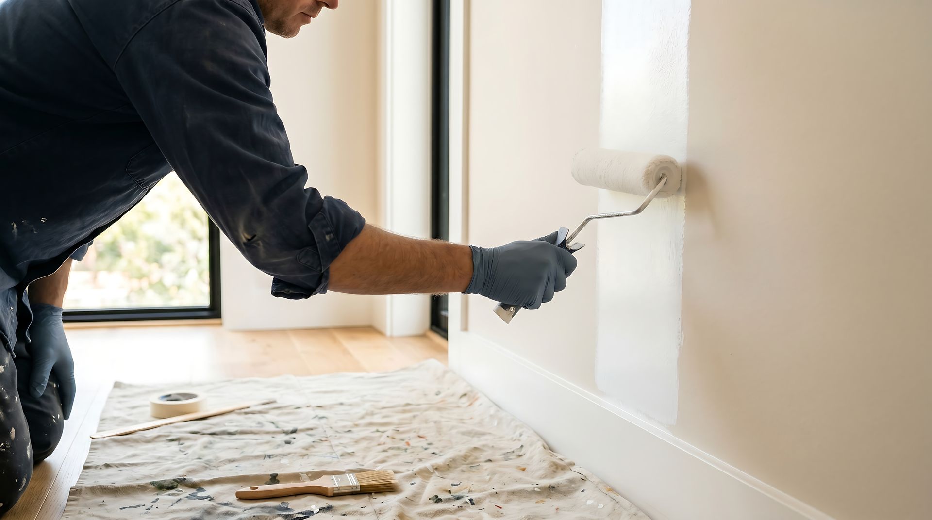 Painter in gloves applying paint to an interior wall with a roller during a residential painting project Painter in gloves applying paint to an interior wall with a roller during a residential painting project