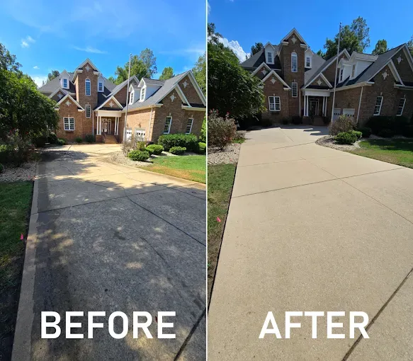 Comparison of a driveway before and after cleaning: grime removed, revealing a lighter color concrete surface.