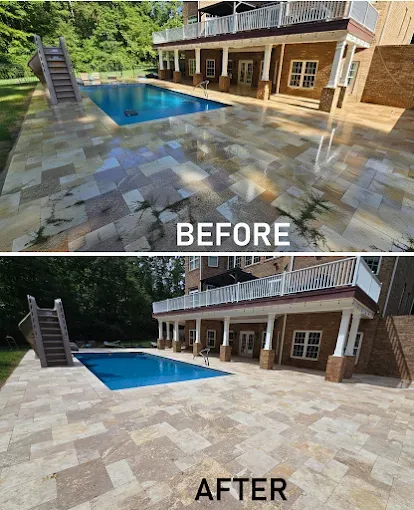 Comparison of a pool patio before and after cleaning: wet, stained pavers vs. clean, dry pavers around a pool and house.