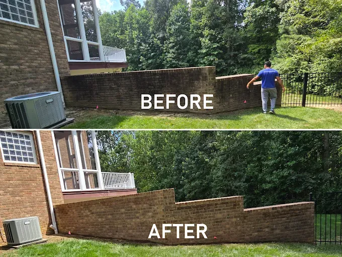 Comparison of a brick retaining wall before and after repair; leaning before, level after.