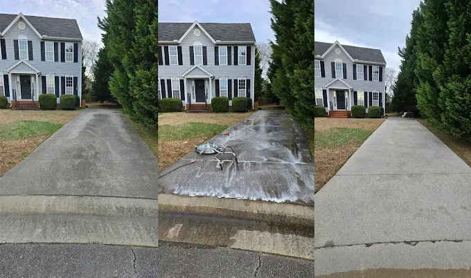 Three-panel comparison: Driveway before, during power washing, and after. Gray concrete, light blue house in the background.