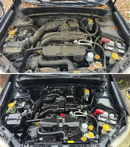 Before and after photos of a car engine bay, showcasing cleaning results.
