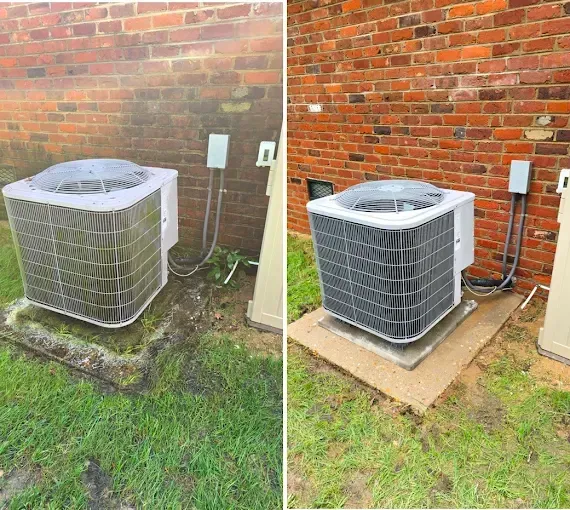 Before and after of an AC unit cleaning: dirty unit and grime on grass, then a clean unit on a concrete pad.