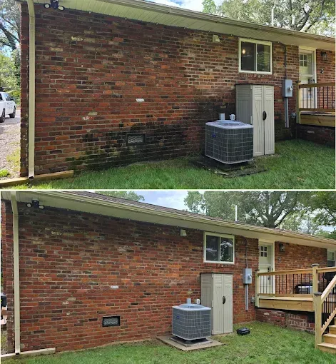 Before and after of a brick wall cleaned, removing dark mold and algae. A/C unit and deck are next to the wall.