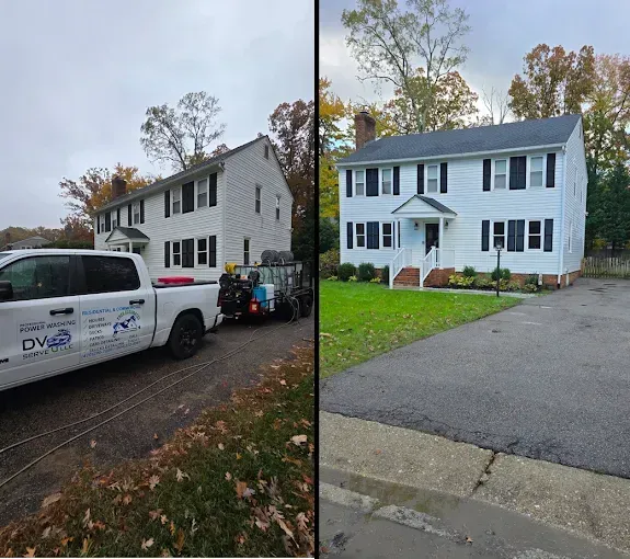 Before and after photos of a white house with black shutters; driveway, trees, and cloudy skies.