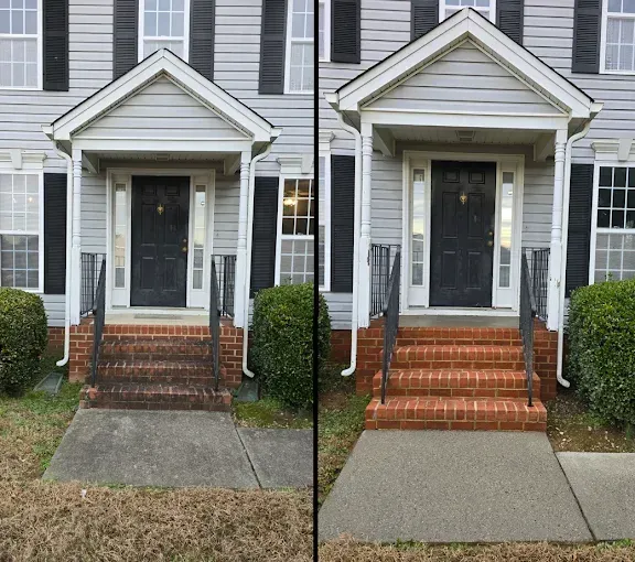 Before and after of a house entrance: dirty brick steps and sidewalk cleaned to reveal the original brick color.
