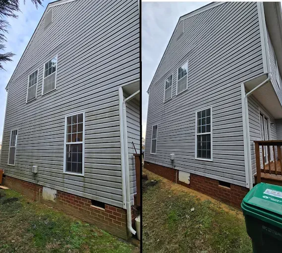 Side-by-side comparison of a house; left side dirty, right side clean, showing the effects of washing the siding.