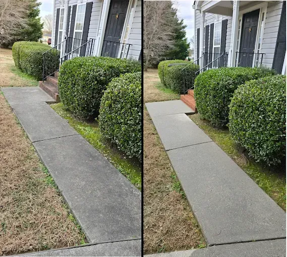 Comparison of a dirty and clean sidewalk in front of a house, showcasing the effectiveness of power washing.
