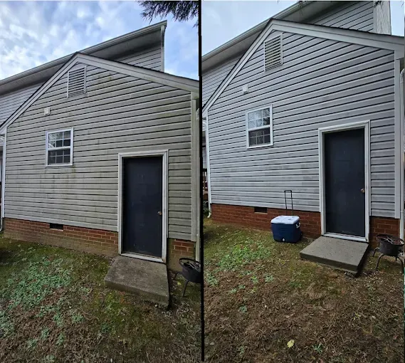 Before and after of a gray siding building. The left side is dirty, the right side is clean.
