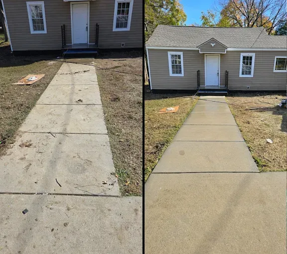 Before-and-after of a concrete walkway leading to a beige house with a white door. Path is cleaned, grass is tidied.