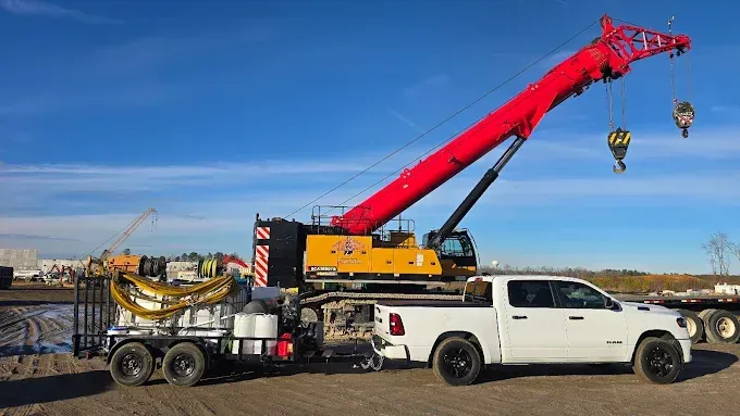 Red crane on a yellow base, with white truck, towing a trailer on a construction site under a blue sky.