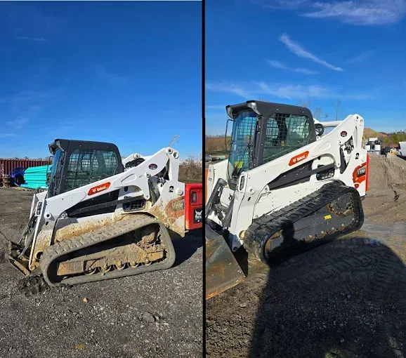 Two white Bobcat track loaders parked outdoors on a sunny day.