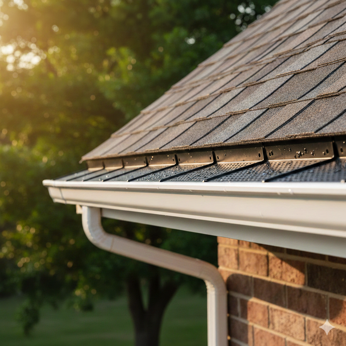 White gutter along a brown brick house, with a dark roof. Sunlight shines through trees.