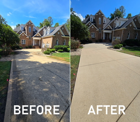 Comparison of a driveway before and after cleaning: Grimy vs. clean concrete, house in background.
