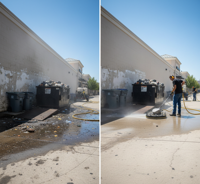 Before and after of a person pressure washing a dirty concrete area near dumpsters at a building.