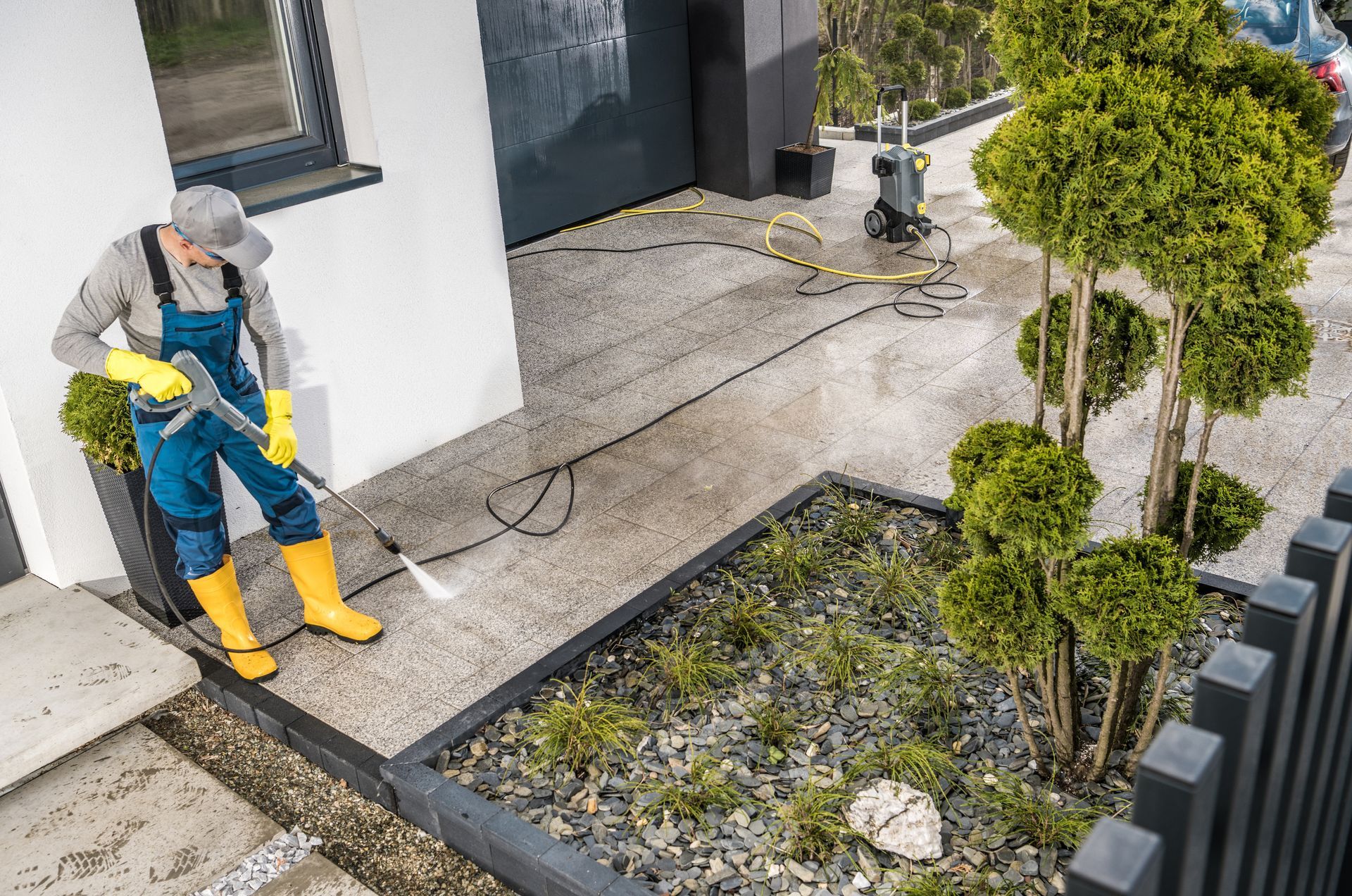 Person power washing a concrete patio. Yellow boots, gloves, overalls. Green bushes and a pressure washer.