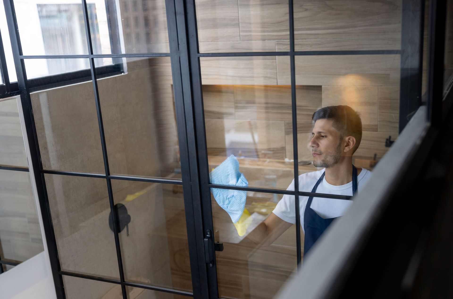A man is cleaning a window with a cloth in a kitchen.