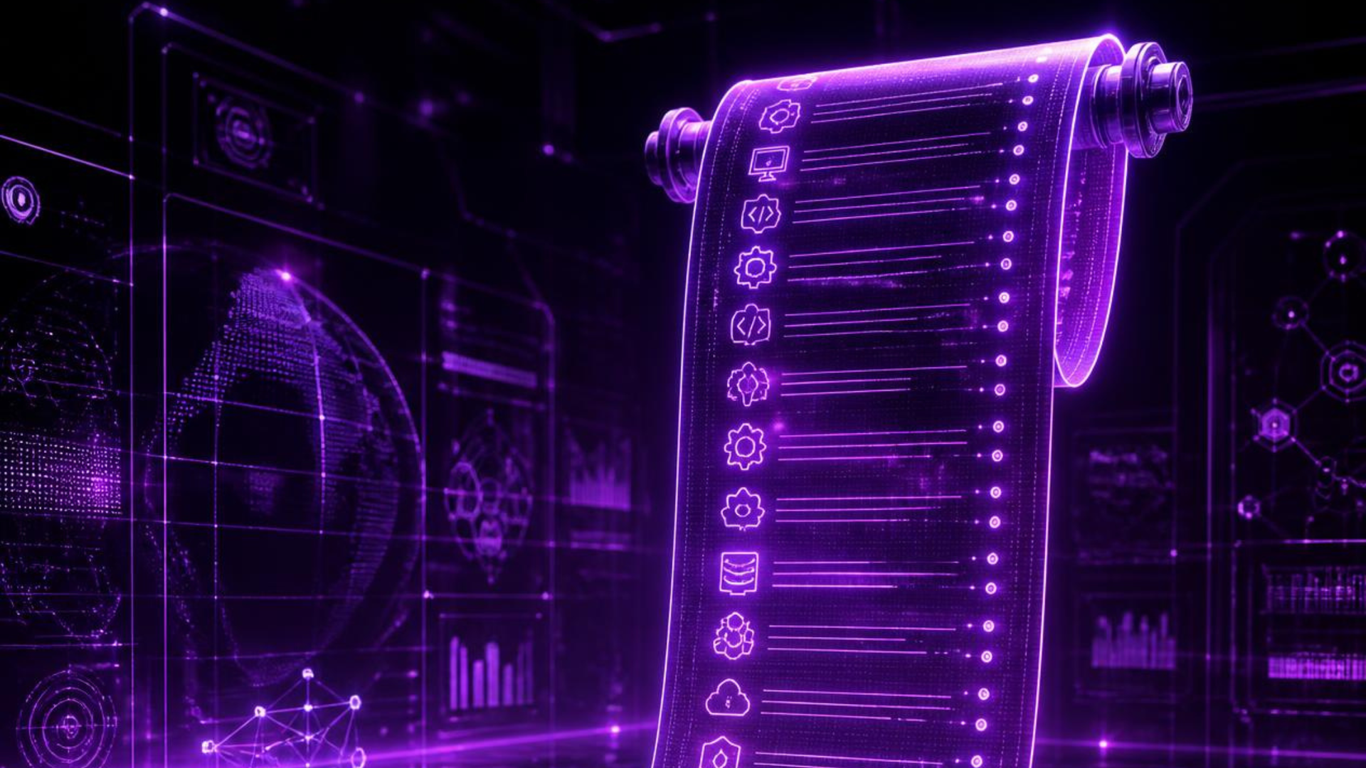Glowing purple holographic server stack and digital interface in a futuristic tech scene