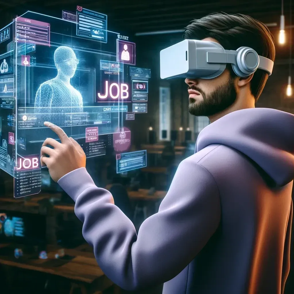 A man wearing a virtual reality headset is pointing at a screen.