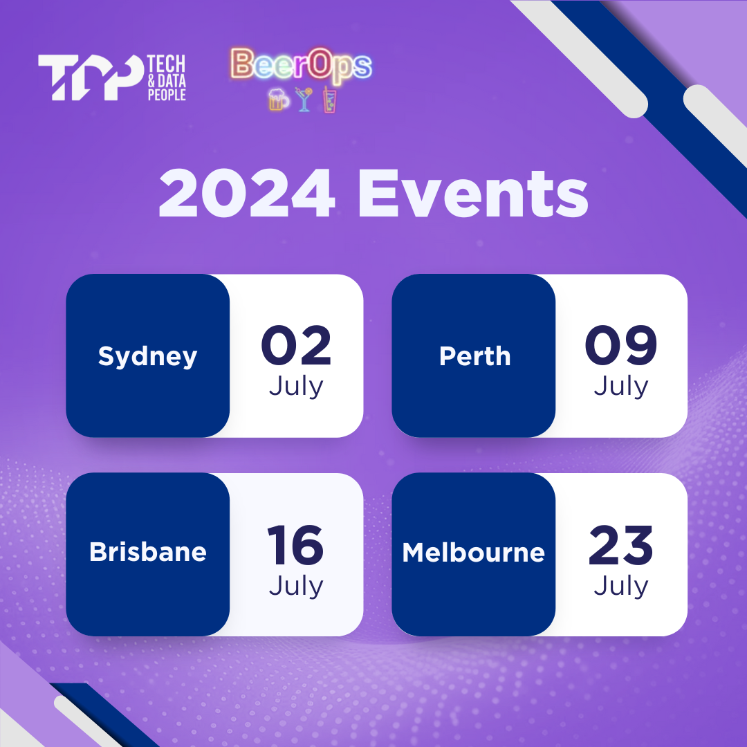 TDP and BeerOps logos with event dates for Melbourne, Sydney, Perth, Brisbane.