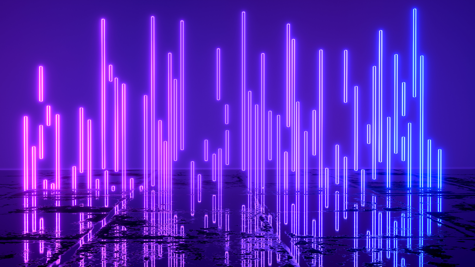 Purple and blue neon light bars glowing over a reflective dark surface in a futuristic abstract scene