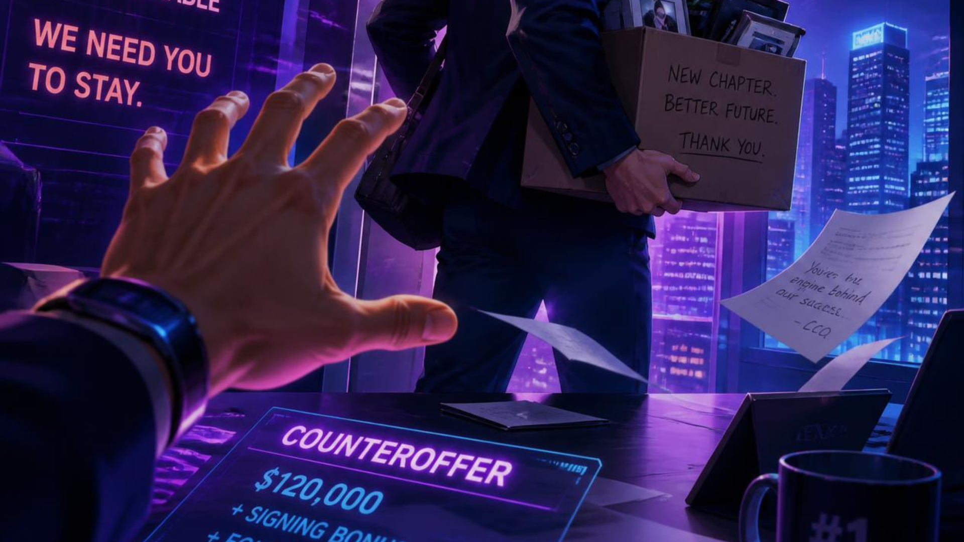 Hand reaching toward floating notes and a glowing counteroffer card in a neon city scene; “We need you to stay” text.
