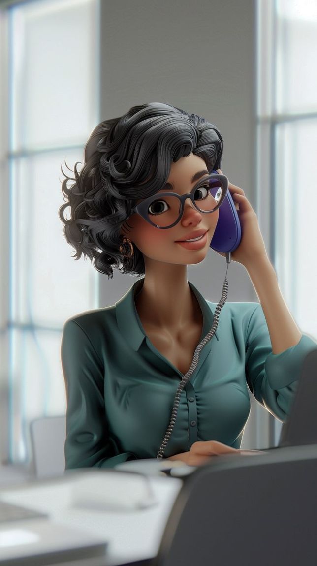 A cartoon woman is sitting at a desk talking on a cell phone.