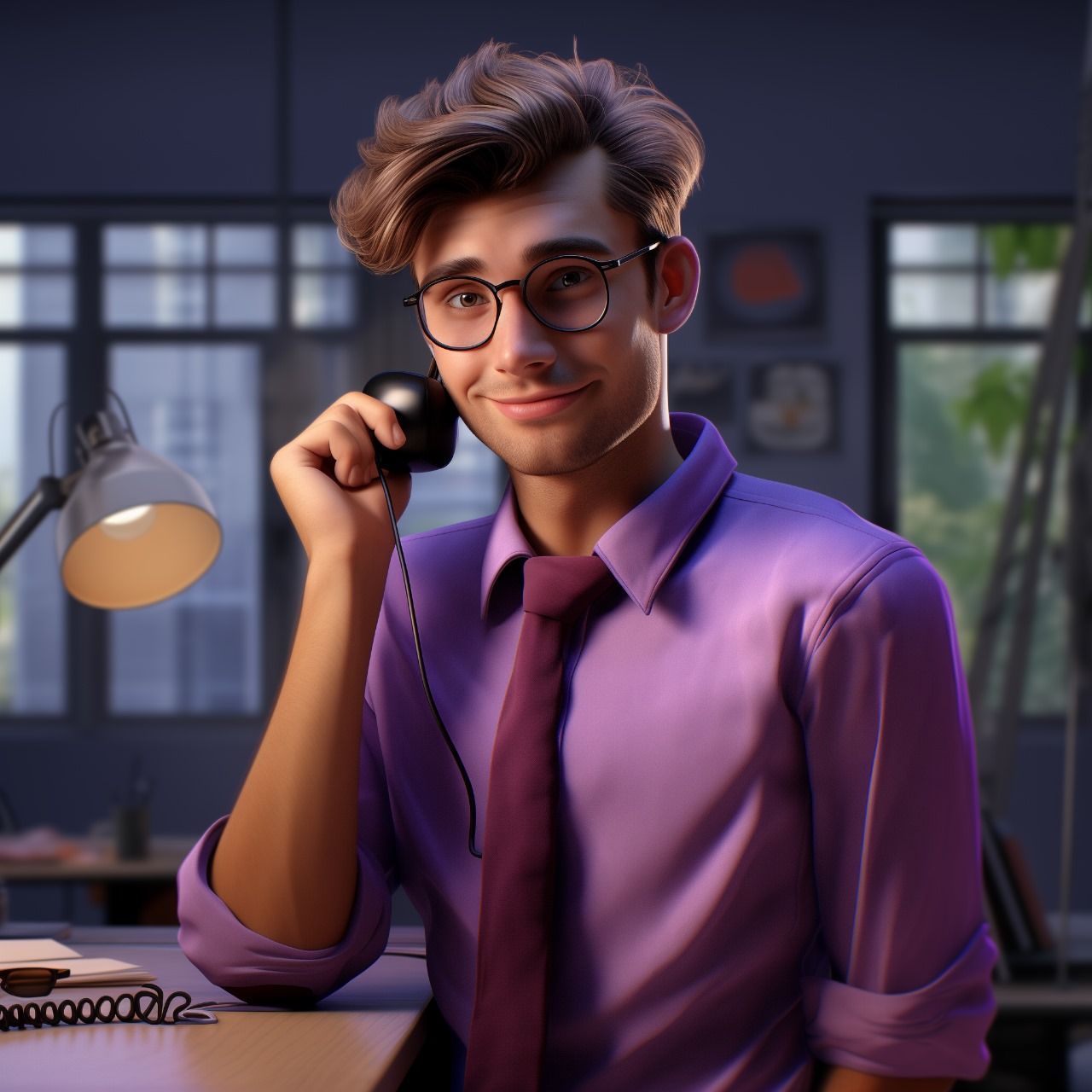 A man in a purple shirt and tie is talking on a phone
