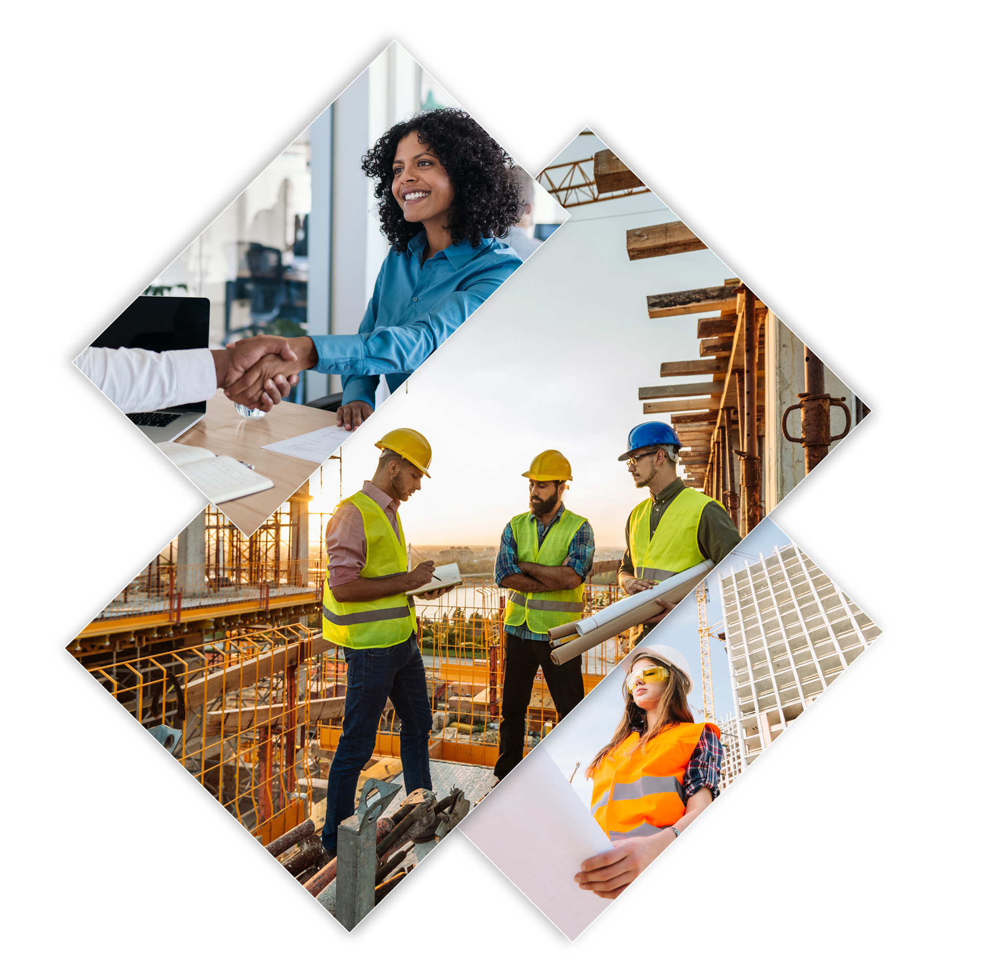 A collage of pictures of construction workers and a woman shaking hands.