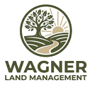 Wagner Land Management logo with tree, sun, and winding path in olive and tan
